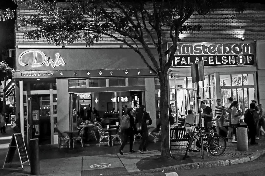 Nightlife in Davis Square Somerville Massachusetts Elm Street Black and White Photograph by Toby McGuire