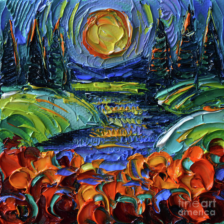 NIGHTSCAPE WITH FULL MOON AND POPPIES abstract miniature knife oil painting Painting by Mona Edulesco