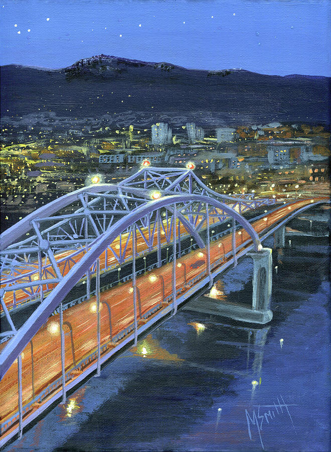 Blue Bridge Painting - Nighttime Glow-La Crosse Bridges by Marilyn Smith