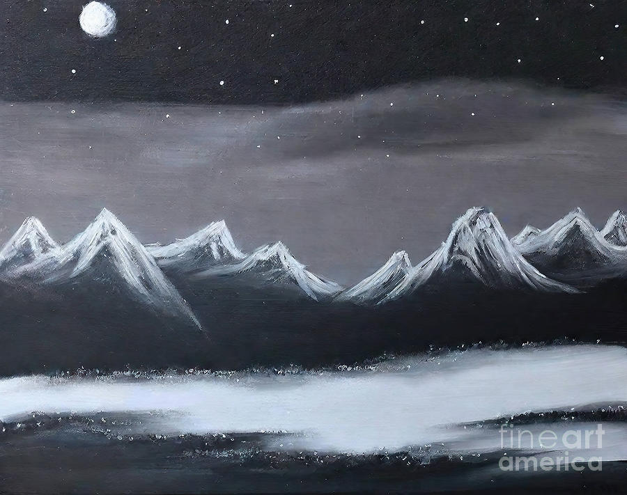 Winter Painting - Nighttime in the Hall of the Mountain King Painting stark winter full moon cold craigy peaks surreal nighttime scene by N Akkash