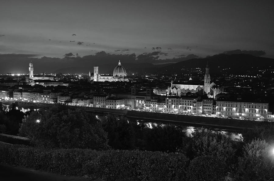 Nighttime Skyline of Florence Italy Black and White Photograph by Shawn OBrien