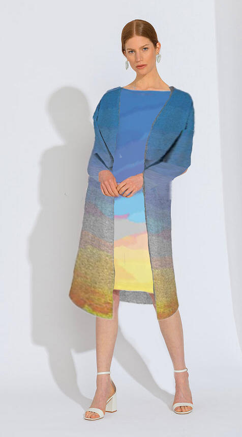 Nikki Duster Cardigan over the Michelle Dress II in Watercolor Sunset 2 Tapestry - Textile by Susan Molnar