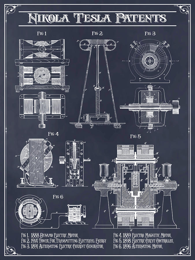 Nikola Tesla Patent Collage Blackboard Print Drawing by Greg Edwards