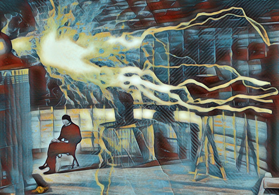 Nikola Tesla Sitting In His Experimental Station Reimagined 8 Painting by Tony Rubino