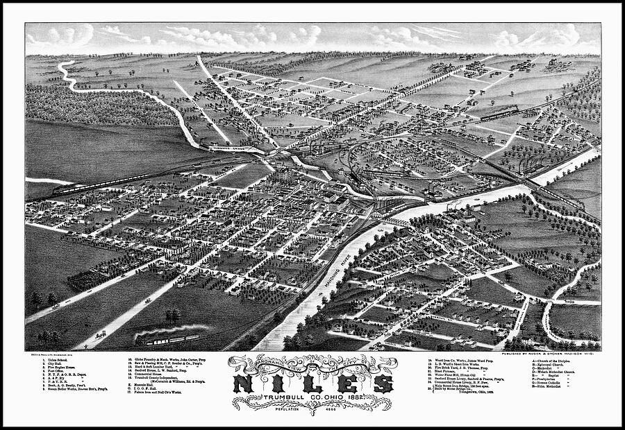 Niles Ohio Vintage Map Birds Eye View 1882 Black and White Photograph ...