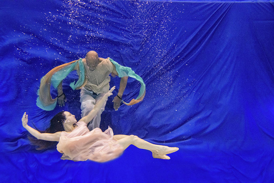 Nina and General dancing underwater in front of blue background Photograph by Dan Friend