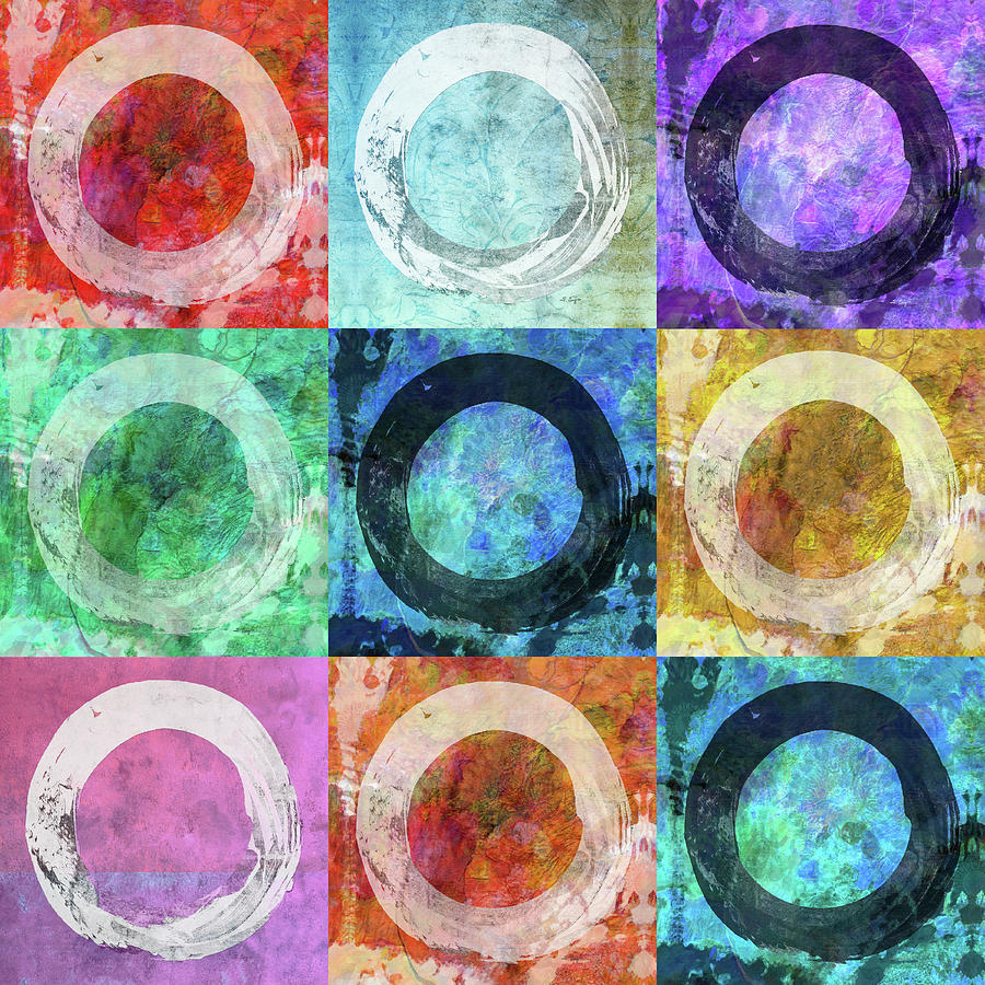 Nine Colorful Enso Circle Art Painting by Sharon Cummings