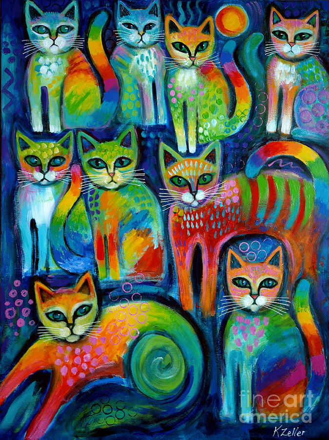 Nine Pussycats Painting by Karin Zeller