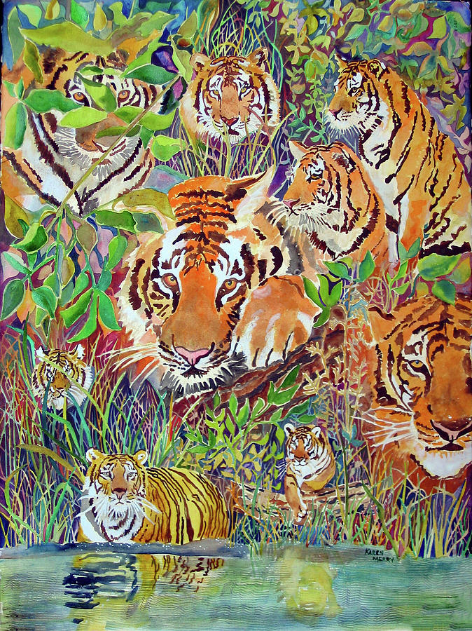 Nine Tigers  Painting by Karen Merry