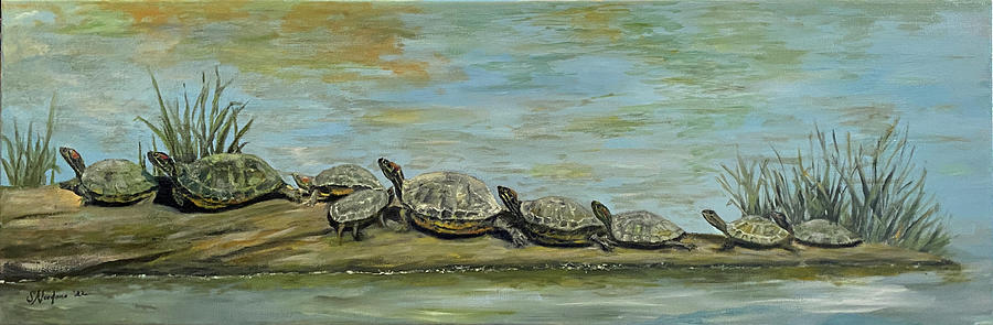 Nine Turtles Sunning Painting by Sandra Nardone