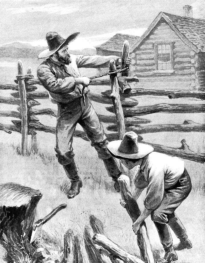 Nineteenth century American father and son putting up a fence Drawing by Whitemay