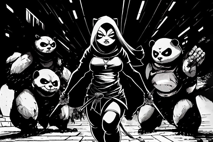 Ninja Nun and her Panda Gang I Digital Art by David April