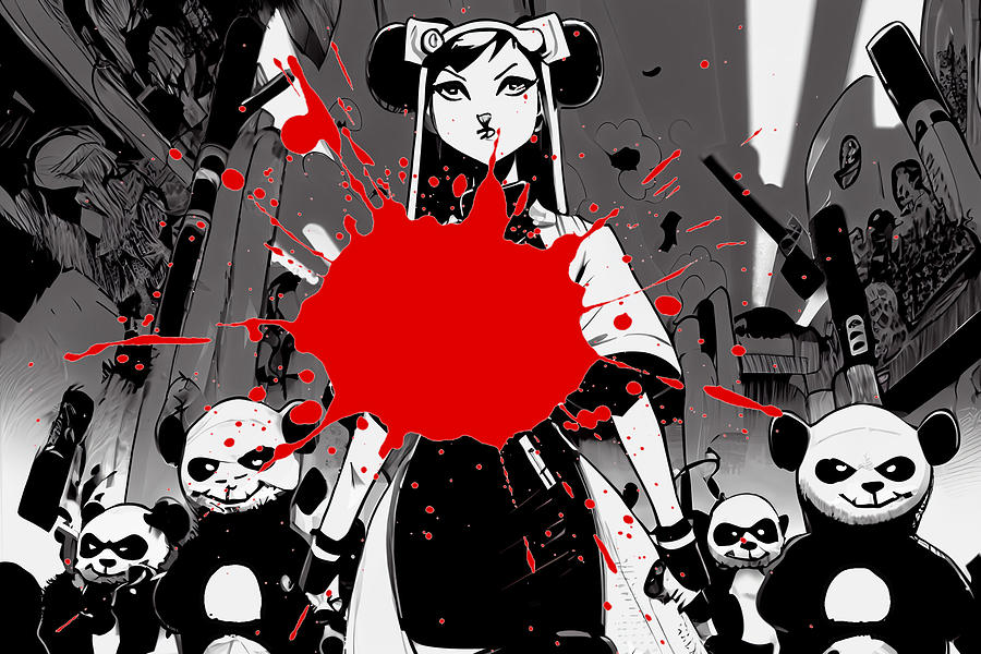 Black And White Digital Art - Ninja Nun and her Panda Gang Splat III by David April