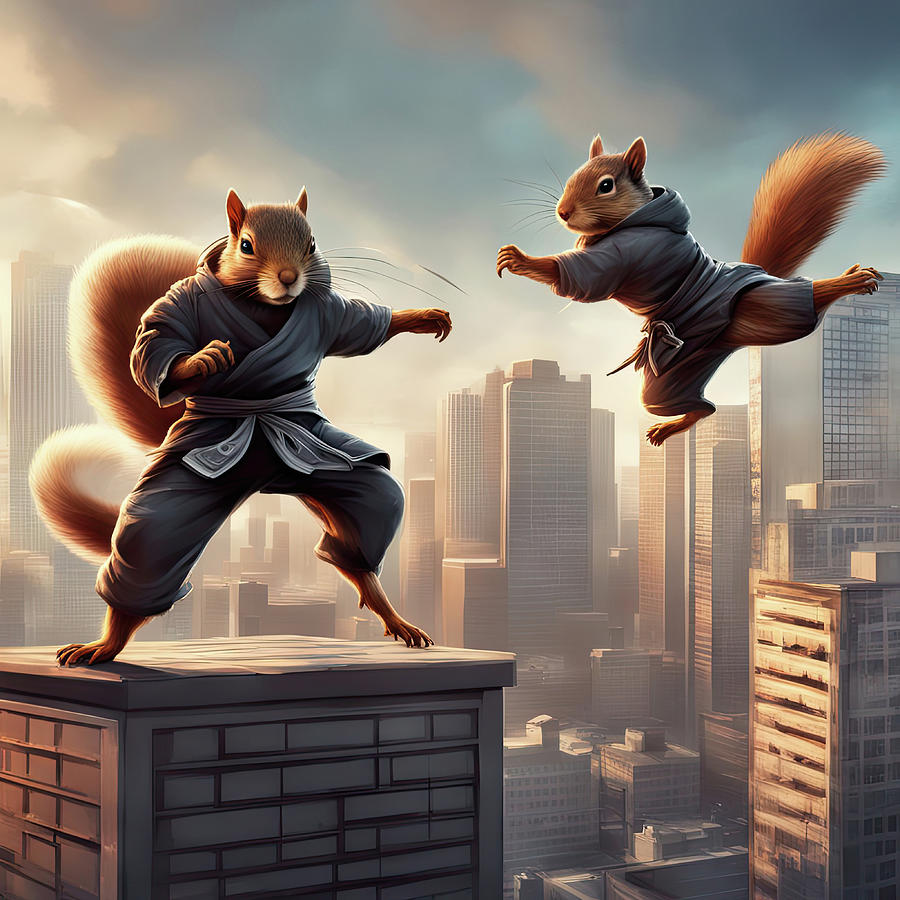 Ninja squirrels having a martial arts battle on a skyscraper rooftop ...