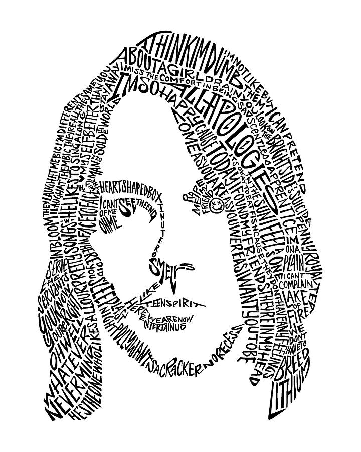 Kurt Cobain Drawing - Nirvana Kurt Cobain Music Lyric Portrait by Inkpaintwordplay