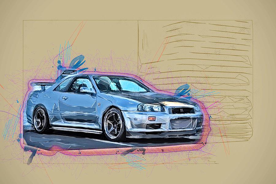 Nissan Skyline Gtr R34 Gray Sports Coupe Gt R Japanese Cars Mixed Media ...