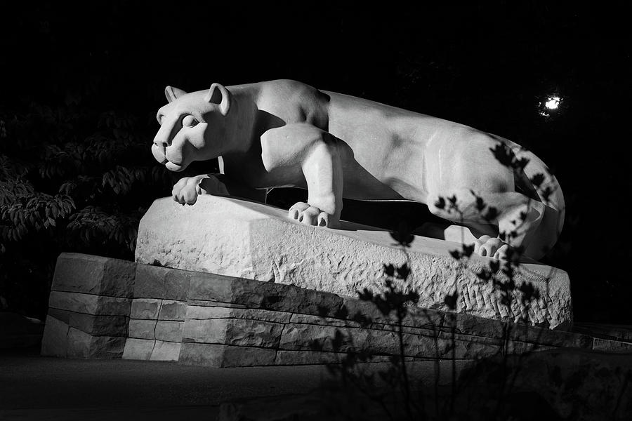 Nittany Lion Shrine at night at Penn State University in black and white Photograph by Eldon McGraw