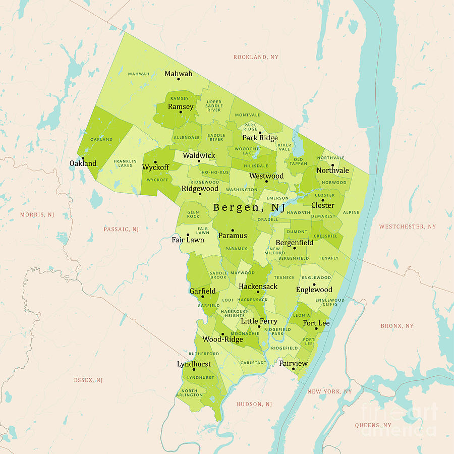 NJ Bergen County Vector Map Green Digital Art by Frank Ramspott | Pixels