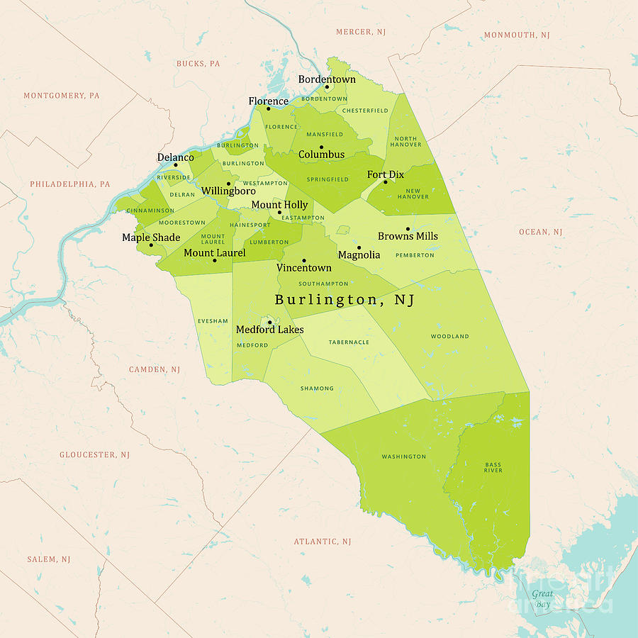 NJ Burlington County Vector Map Green Digital Art by Frank Ramspott ...