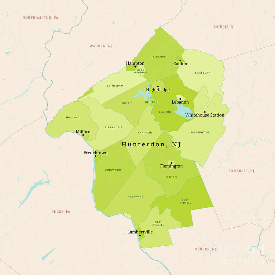 NJ Hunterdon County Vector Map Green Digital Art by Frank Ramspott - Pixels