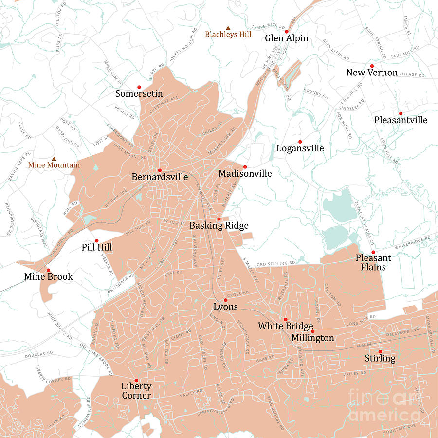 NJ Somerset Basking Ridge Vector Road Map Digital Art by Frank Ramspott ...