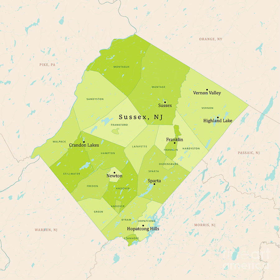 NJ Sussex County Vector Map Green Digital Art by Frank Ramspott | Pixels