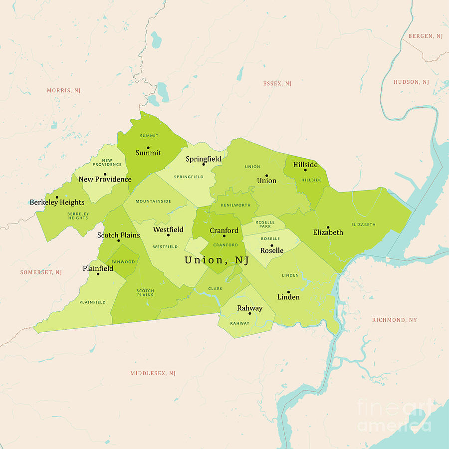 NJ Union County Vector Map Green Digital Art by Frank Ramspott | Pixels