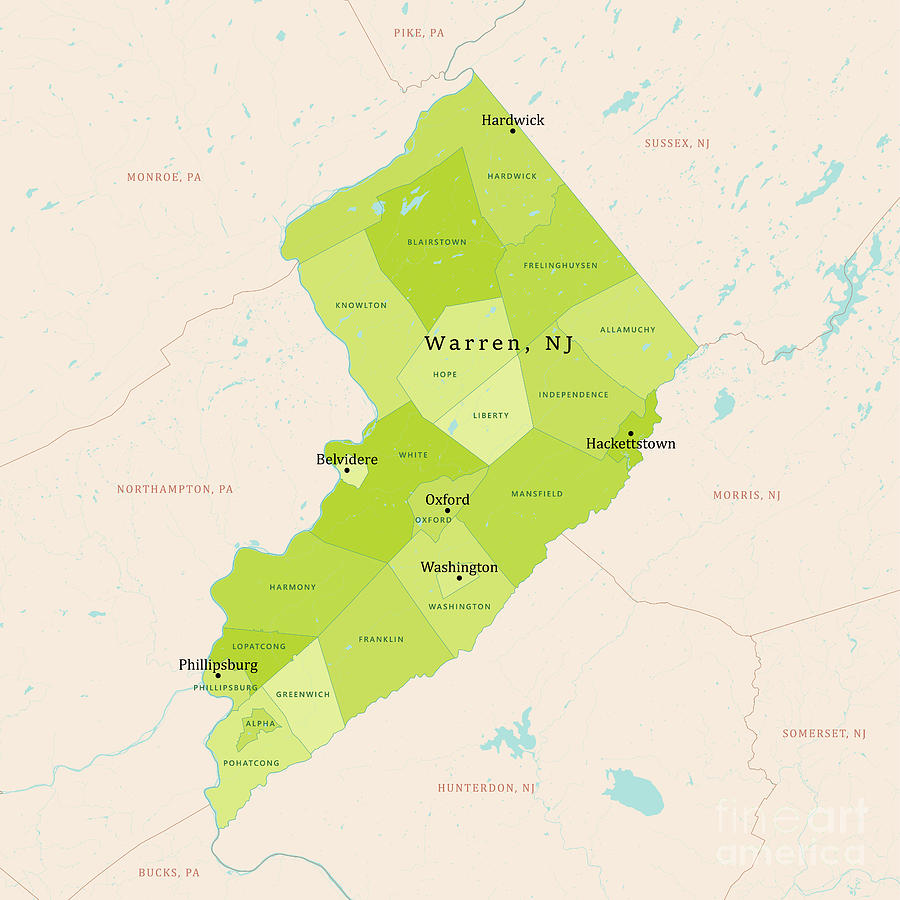 NJ Warren County Vector Map Green Digital Art by Frank Ramspott - Fine ...