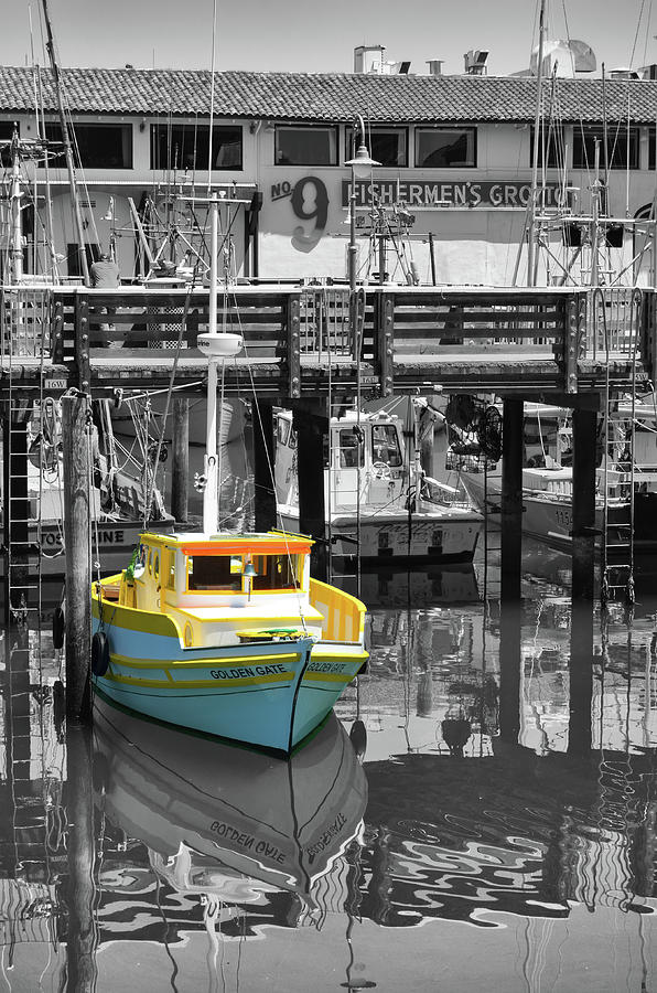 No 9 Fishermens Grotto and Golden Gate Boat Fishermans Wharf San Francisco Color Splash BW Photograph by Shawn OBrien