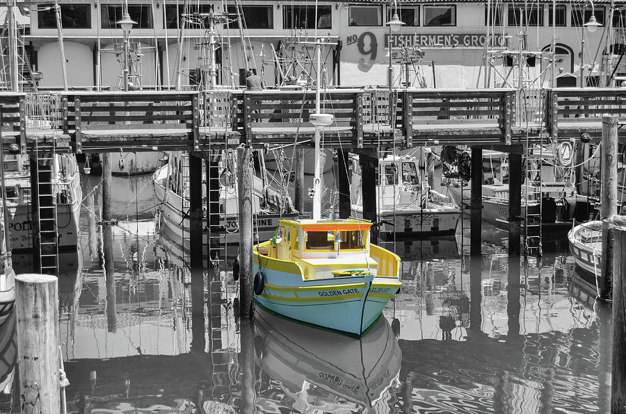 No 9 Fishermens Grotto with Golden Gate Boat Fishermans Wharf San Francisco Color Splash BW Photograph by Shawn OBrien