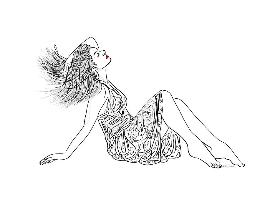 Reclining Young Woman in Summer Dress Line Drawing Drawing by OLena Art