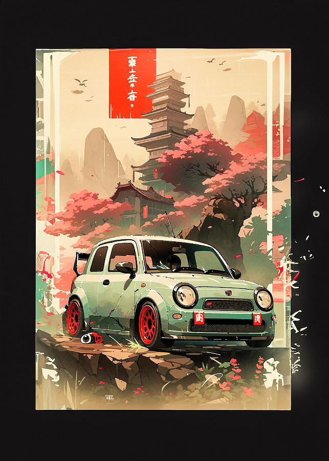 Cube Drawing - No00053 My Nissan Cube car ukiyo-e japanese style by Clark Leffler