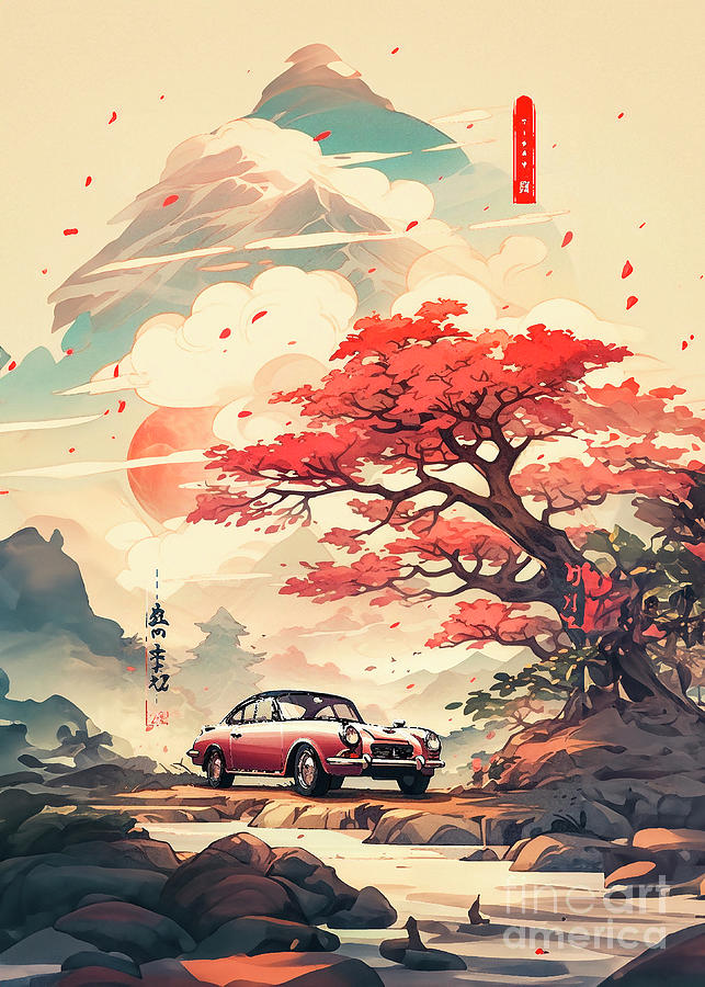 Car Drawing - No00205 My Honda Life car ukiyo-e japanese style by Clark Leffler
