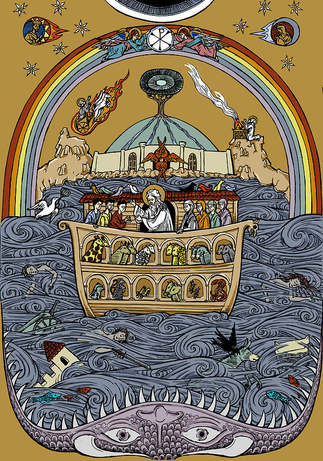 Boat Drawing - Noah and the Cosmic Flood in Color by Jonathan Pageau