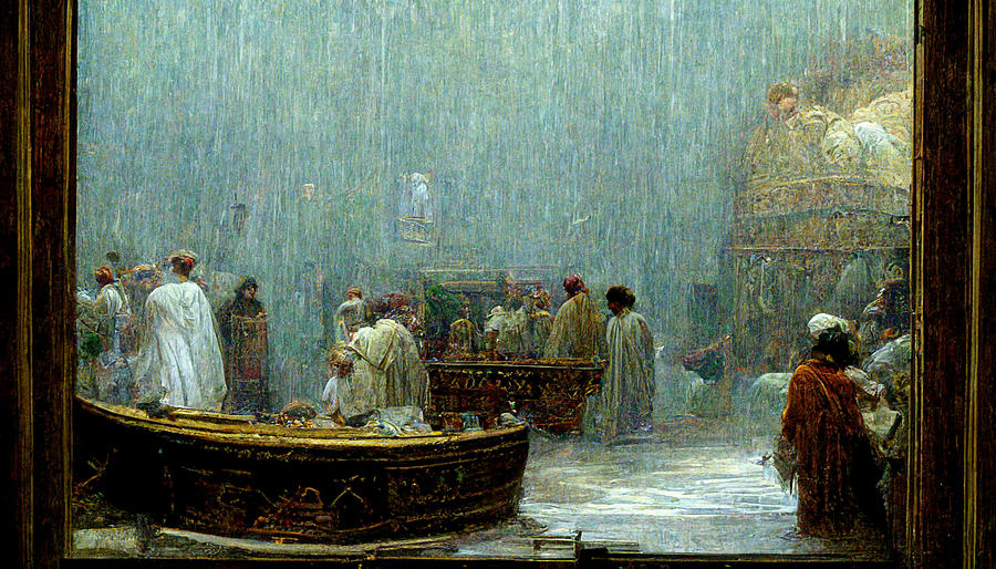 Noah stands by the door of the ark in the rain ba948266 0492 47c7 bec9 ...