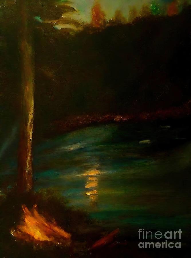 Abstract Painting - Nocturne Painting river blue campfire fire lights mood night nocturne abstract acrylic art artistic backdrop background brush color colorful concept conceptual contemporary creative dab decor by N Akkash