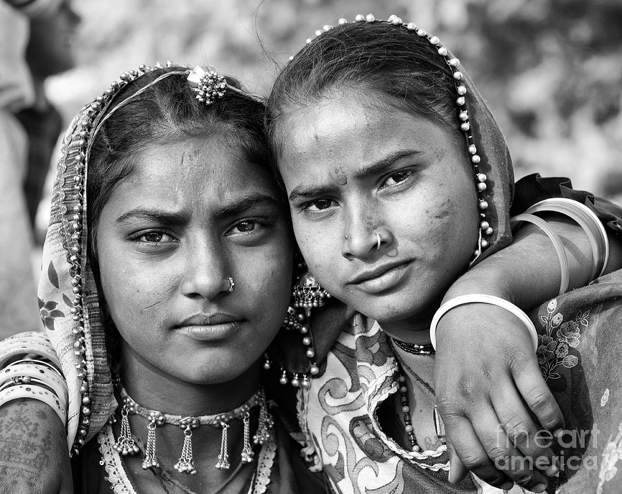 Nomadic Rajasthan Teenage Girls Monochrome Photograph by Tim Gainey