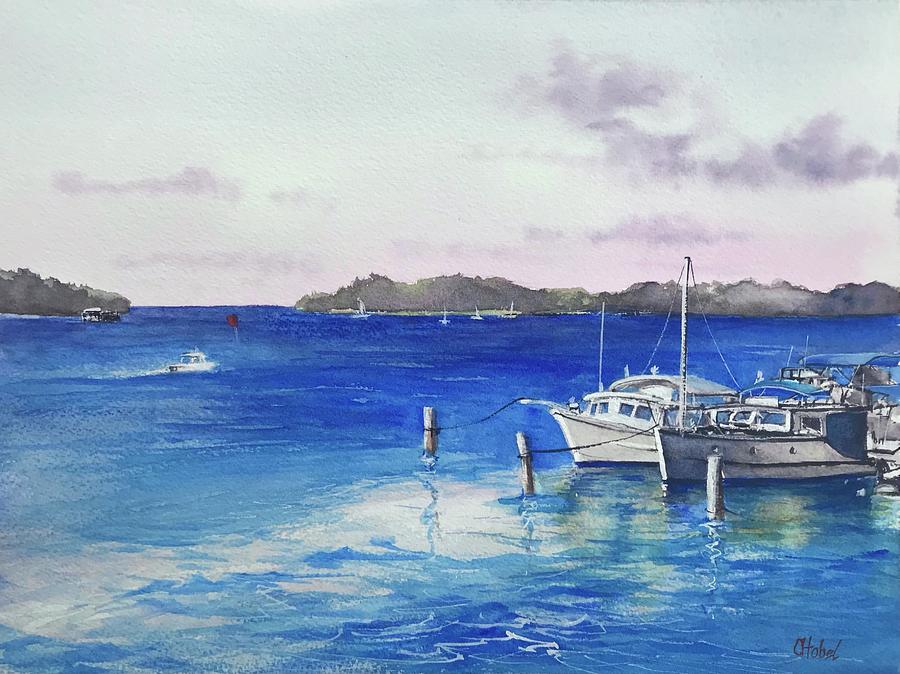 Noosa river boats Painting by Chris Hobel