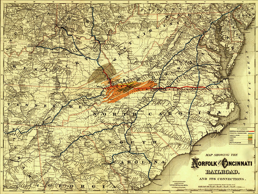 Transportation Drawing - Norfolk and Cincinnati Railroad 1882 by Vintage Railroad Maps