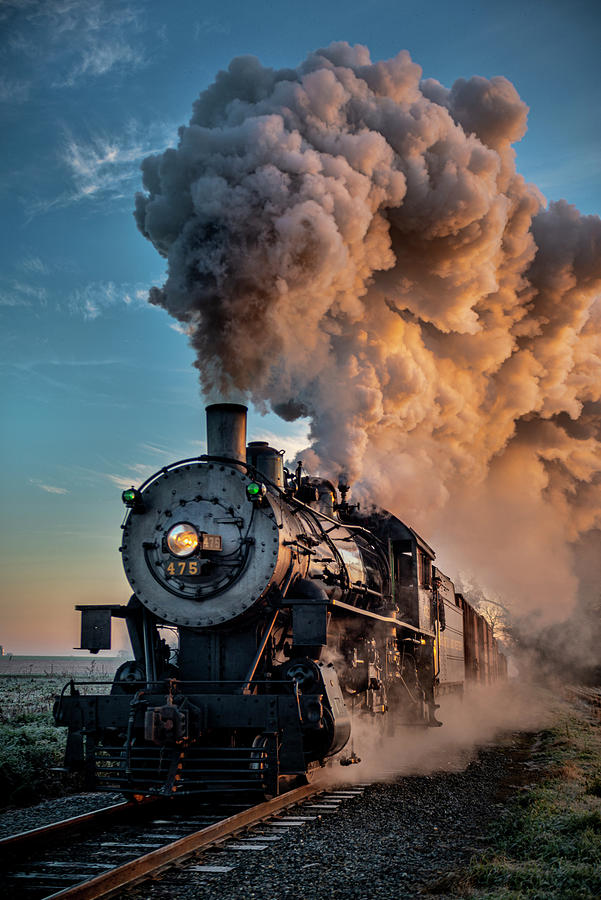Norfolk and Western 475 heads west on the Strasburg Railroad at Sunrise Photograph by Jim Pearson