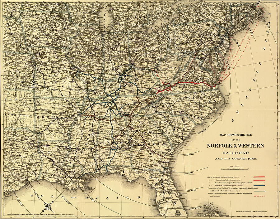 Transportation Drawing - Norfolk and Western Railroad 1887 by Vintage Railroad Maps