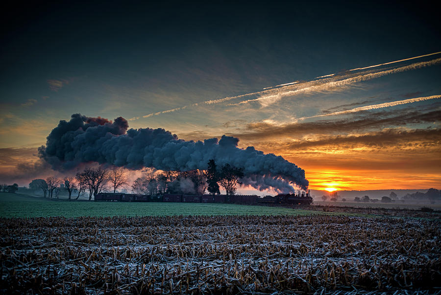 Norfolk and Western Steam Locomotive 475 heads west on the Strasburg Railroad at Sunrise Photograph by Jim Pearson