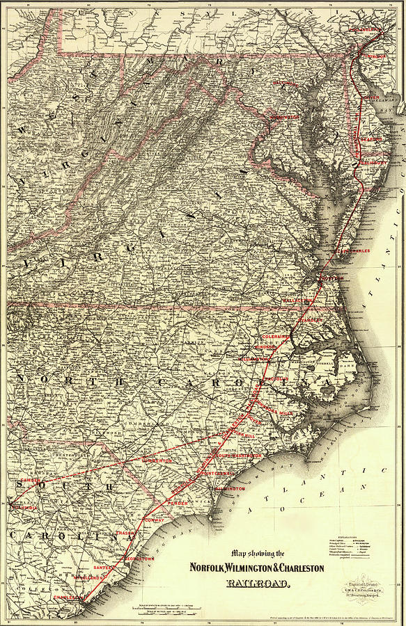 Transportation Drawing - Norfolk Wilmington and Charleston Railroad 1891 by Vintage Railroad Maps