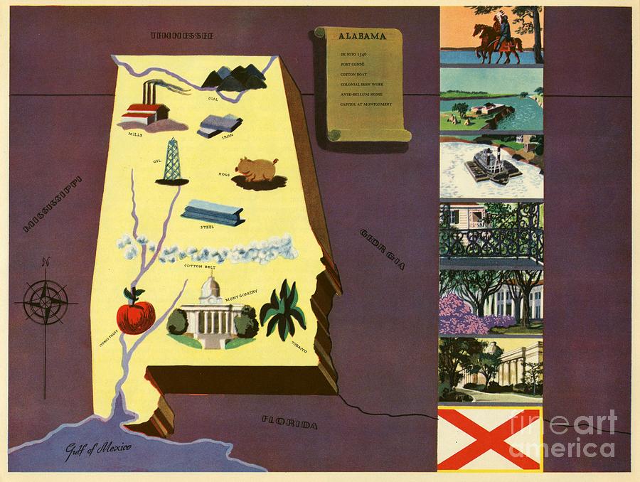 Norman Reeves - Alabama - Pageant of the States - 1938 Digital Art by Vintage Map