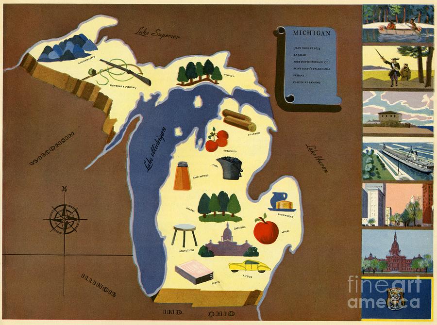 Norman Reeves - Michigan - Pageant of the States - 1938 Digital Art by Vintage Map