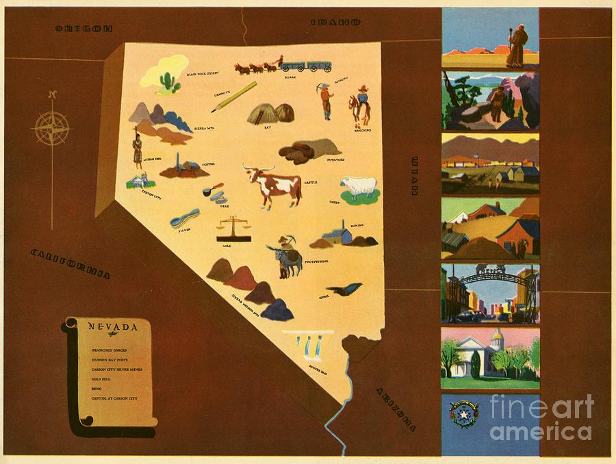 Nevada Map Digital Art - Norman Reeves - Nevada - Pageant of the States - 1938 by Vintage Map