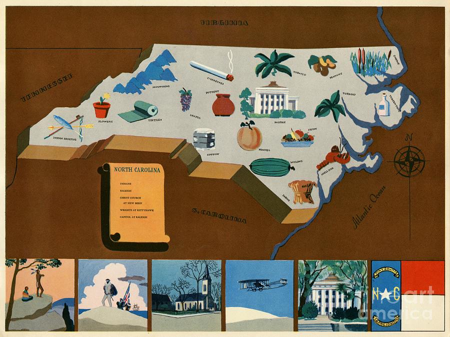 North Carolina Map Digital Art - Norman Reeves - North Carolina - Pageant of the States - 1938 by Vintage Map