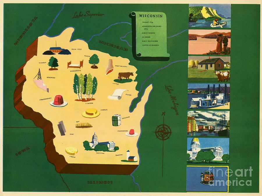Norman Reeves - Wisconsin - Pageant of the States - 1938 Digital Art by Vintage Map Norman Reeves - Wisconsin - Pageant of the States - 1938 Digital Art by Vintage Map