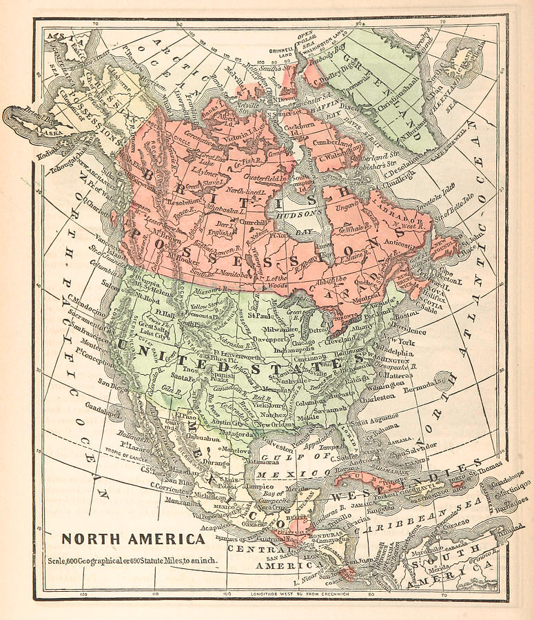 North America in 1863, Ancient Map Mixed Media by AM FineArtPrints