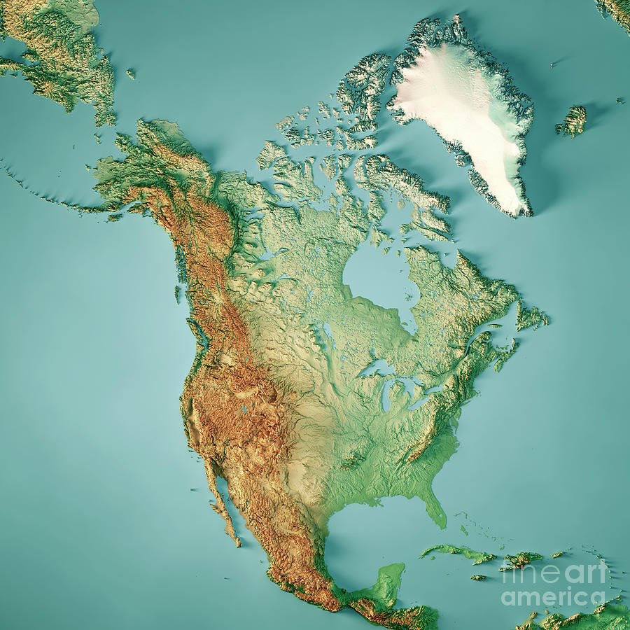 North America Topographic Map 3D Render Color Digital Art by Frank ...